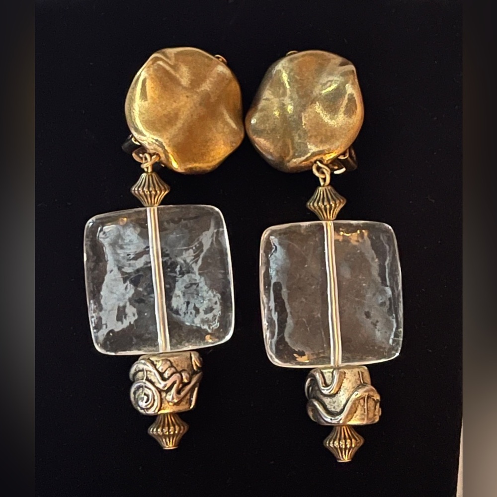 Vintage 1980s Runway Aesthetic Oversized Gold/Lucite Dangle Clip-on Earrings